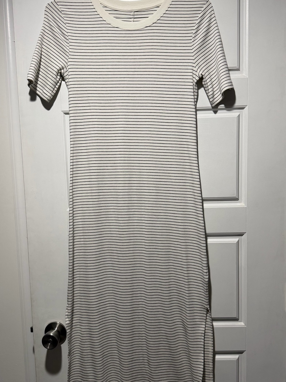 a new day White and Black Striped Short-Sleeve Midi Dress - S